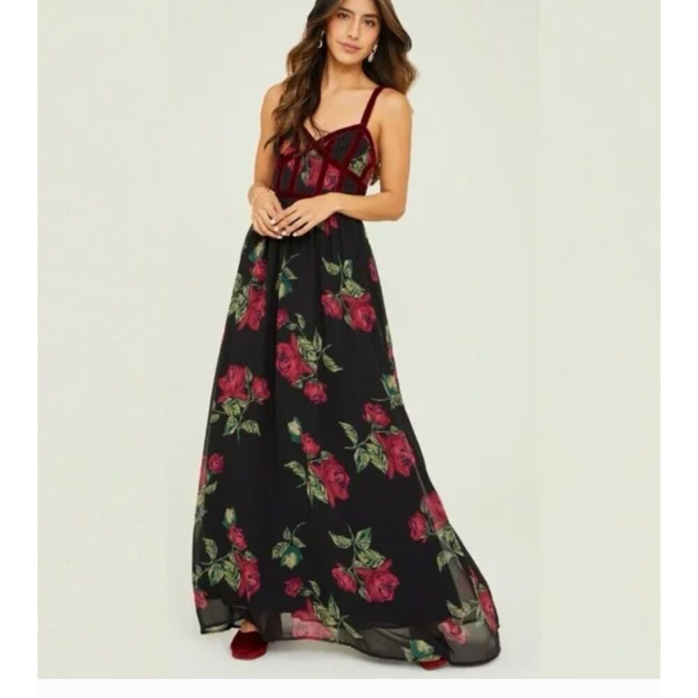 Altar'd State Black Maxi Dress with Red Rose Print